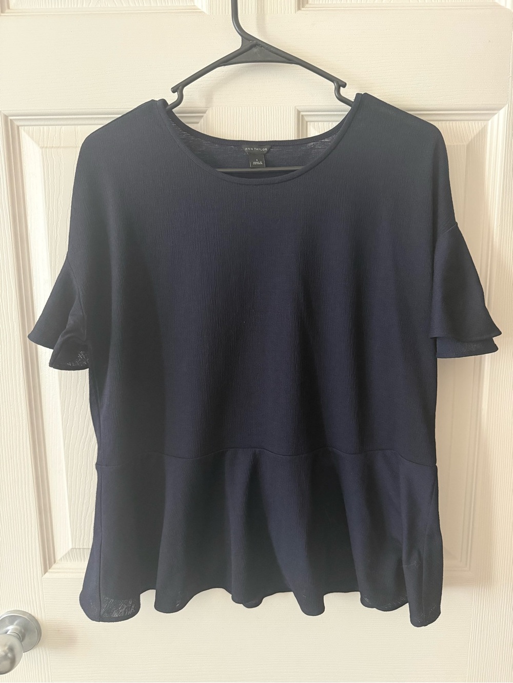 Ann Taylor Navy Ruffled Hem Short Sleeve Top